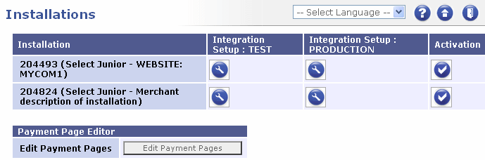 This picture shows an example of the Installations Page - populated with two installations.