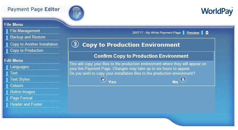 This picture shows the Copy to Production Environment Page.