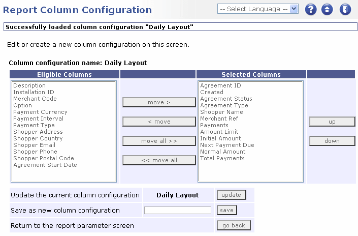 This image shows the Report Column Configuration Page.